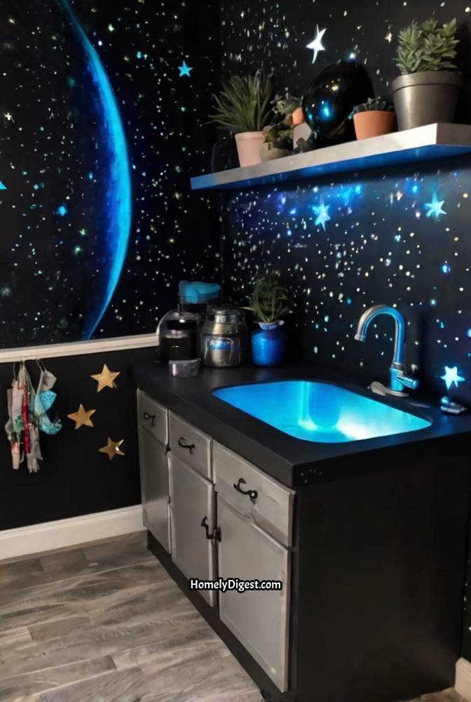 20. Space Themed Mud Kitchen with Glow in the Dark Details