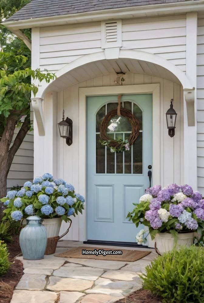 3. Pastel Blue Cottage Door with Floral Garland
