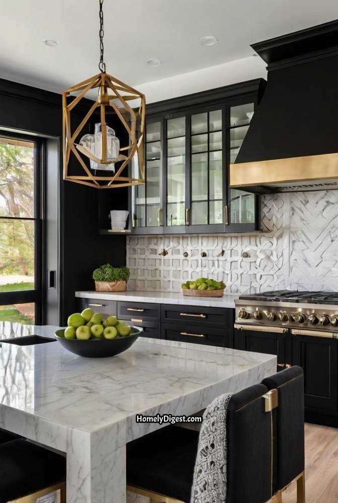 3. Sleek Farmhouse Kitchen with Black and White Contrast