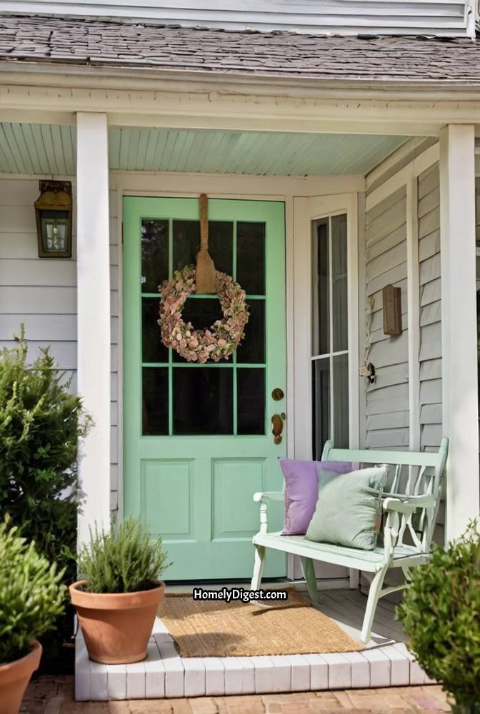 3. Soft Mint Green Door with Floral Wreath