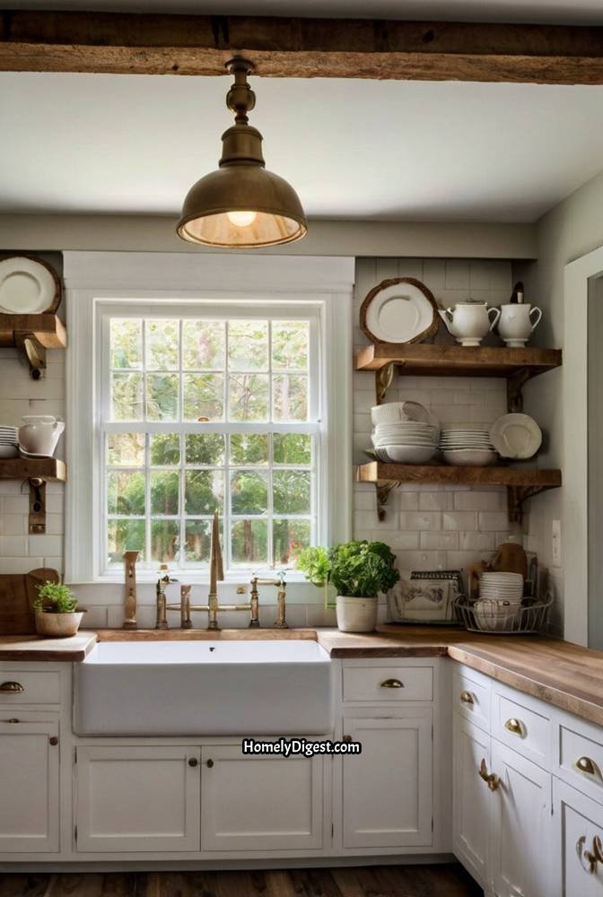 4. Farmhouse Kitchen with Open Shelving and Vintage Charm