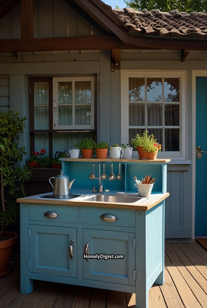 5. Recycled Cabinet Mud Kitchen with Faux Oven 1