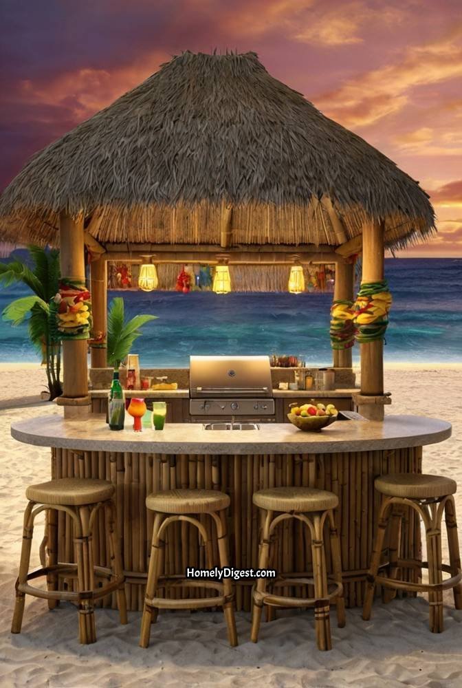 6. Beachfront Outdoor Kitchen with a Tiki Bar