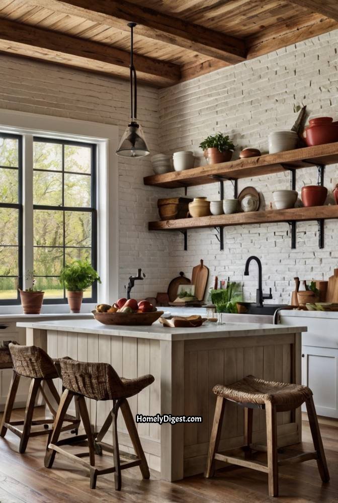 6. Cozy Farmhouse Kitchen with a Brick Accent Wall