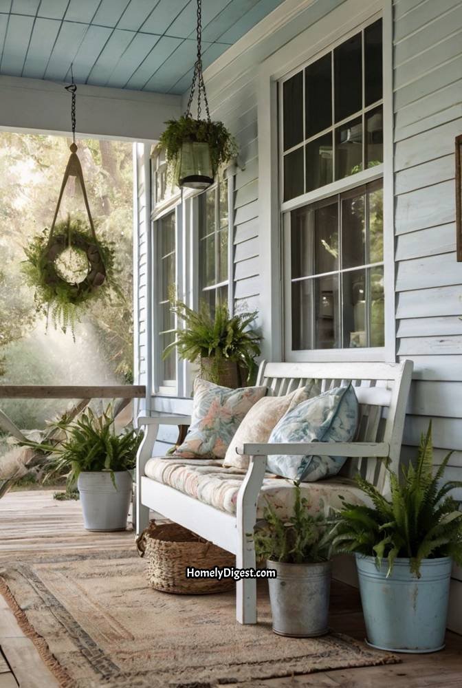 6. Vintage Farmhouse Porch with Distressed Wooden Furniture