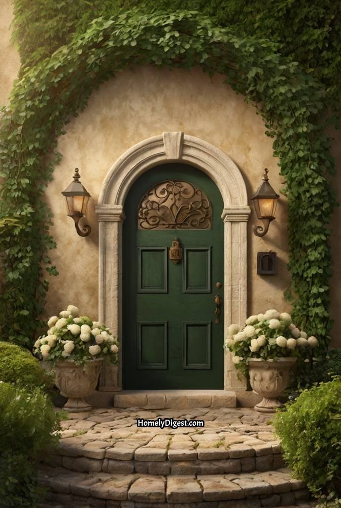 6. Vintage Forest Green Door with Arched Frame