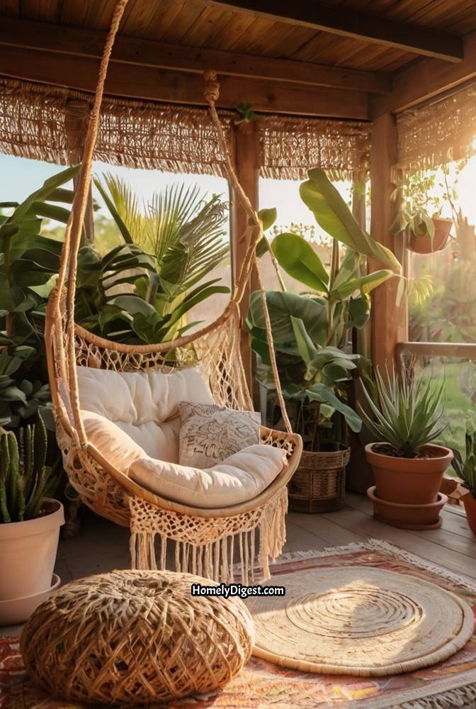 7. Bohemian Porch with Macrame and Lanterns