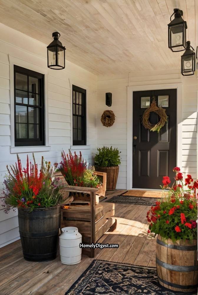 7. Farmhouse Porch with Rustic Barrel Planters