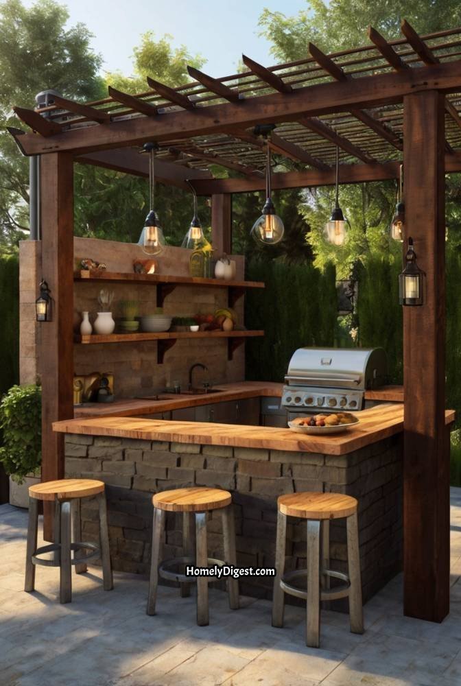 7. Rustic Outdoor Kitchen with Wooden Pergola