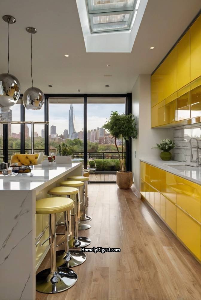 8. Contemporary Yellow Kitchen with Glass Elements