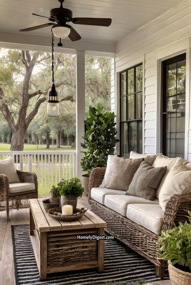 8. Farmhouse Porch with Wicker Seating and Neutral Tones