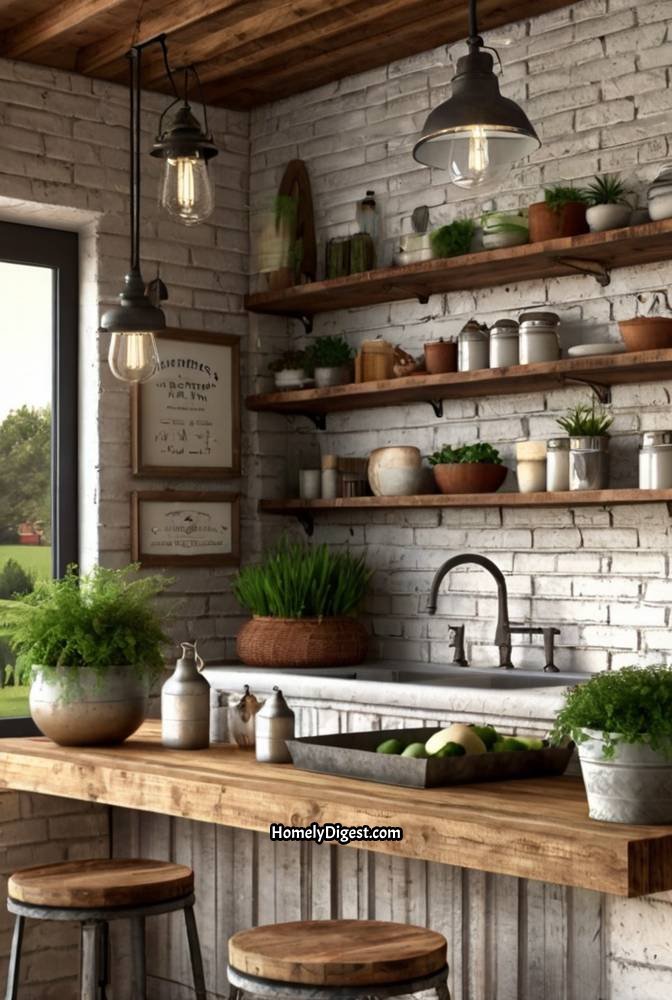9. Farmhouse Style Outdoor Kitchen with White Brick Walls