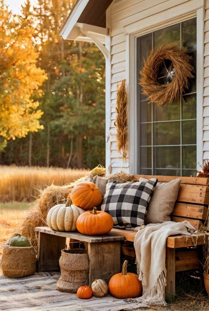 10. Autumn Themed Farmhouse Porch with Pumpkins and Hay Bales 1