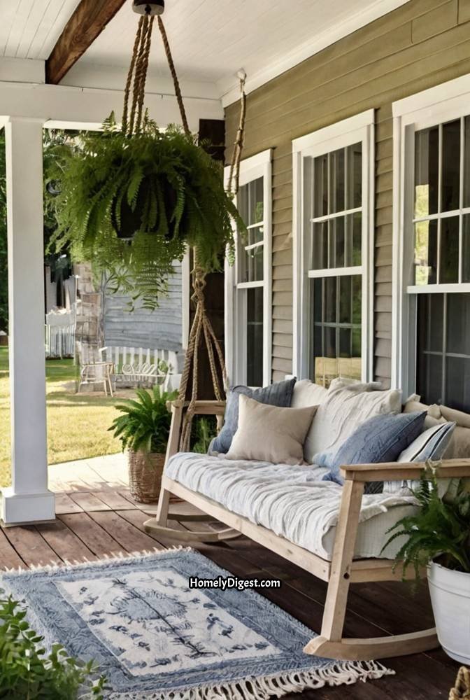 11. Farmhouse Porch with Hanging Ferns and Wooden Swing 1