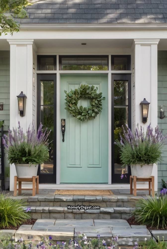 13. Soft Mint Green Door with Wreath Accent 1