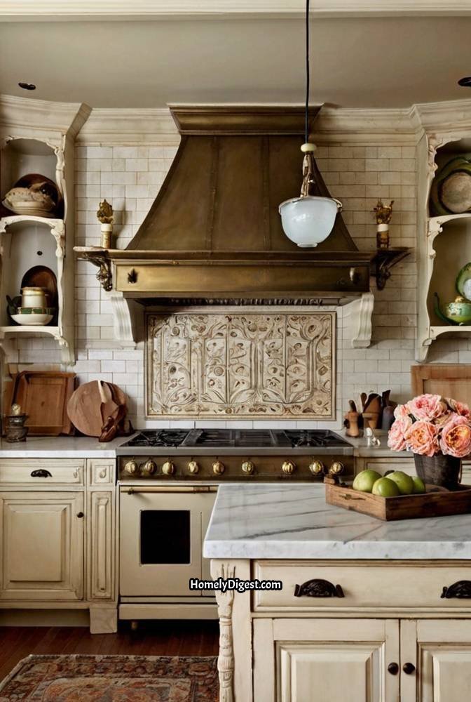 14. Vintage French Kitchen with a Grand Range Hood
