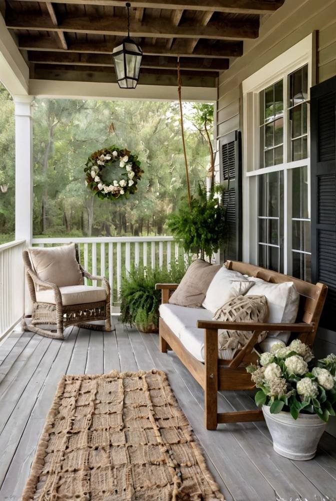19. Farmhouse Porch with Wooden Shutters and Hanging Wreaths 1