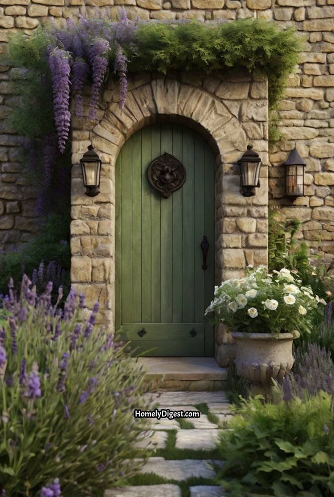 19. Soft Moss Green Door with Rustic Stone Porch 1