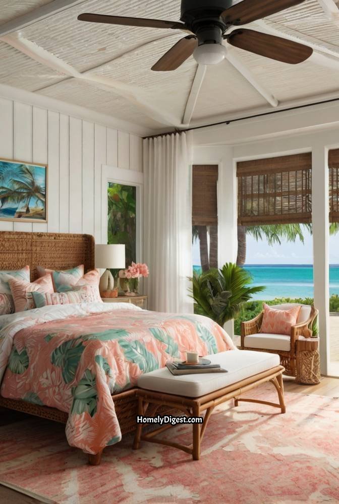 20. Pink and Coral Coastal Bedroom with Tropical Accents 1