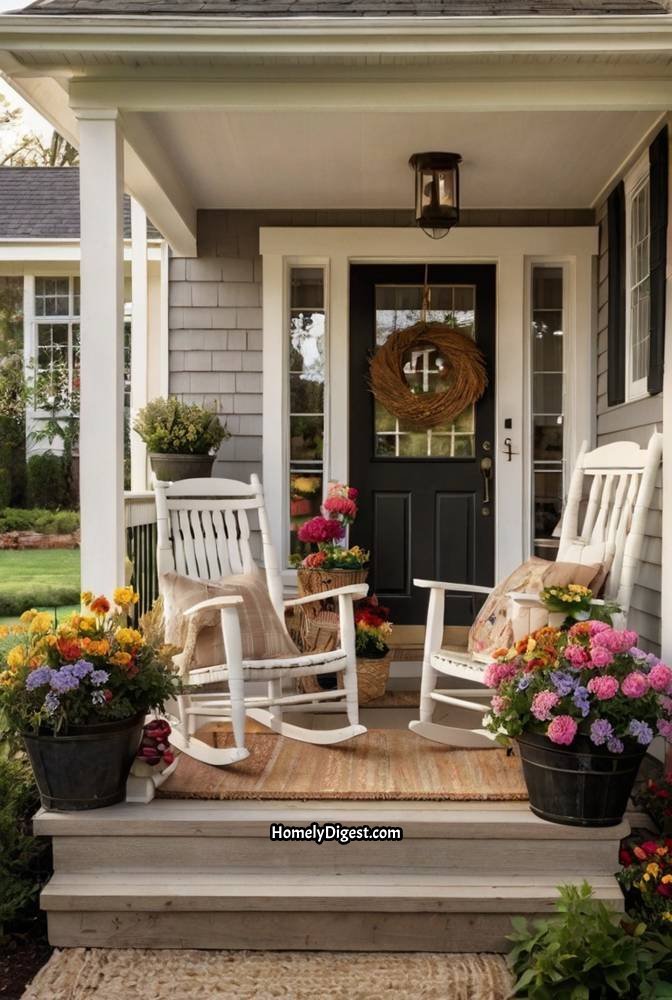 22. Farmhouse Porch with Barrel Planters and Rocking Chairs 1