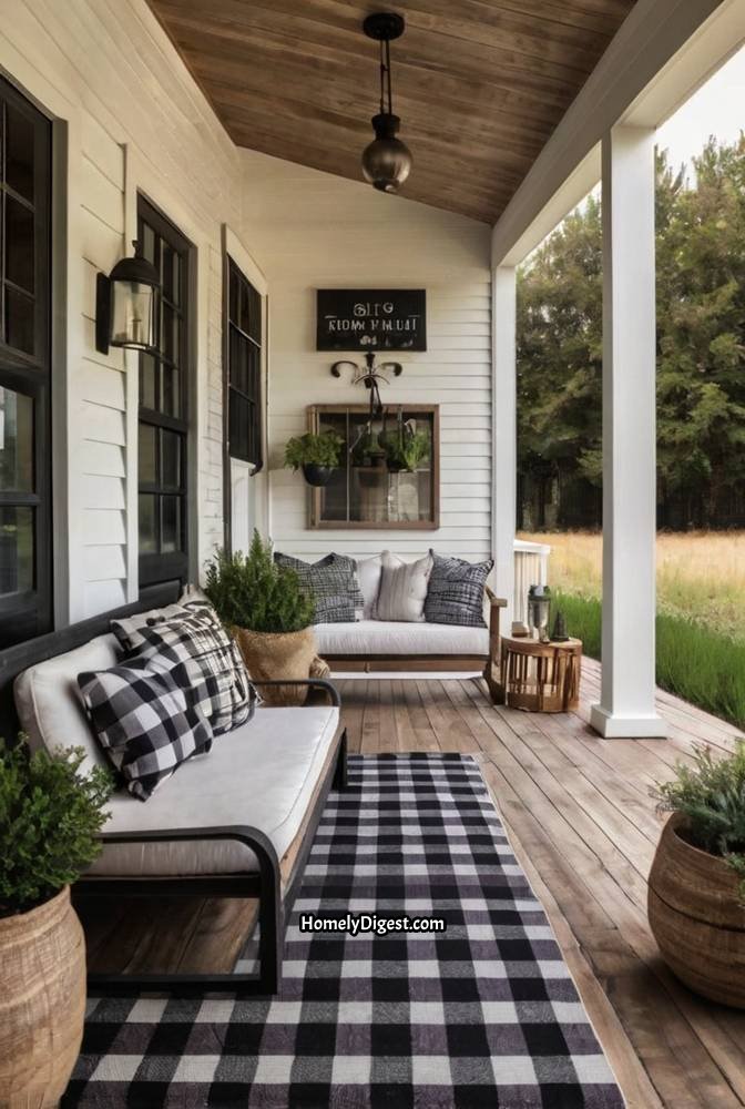 25. Farmhouse Porch with a Swing and Checkered Flooring 1