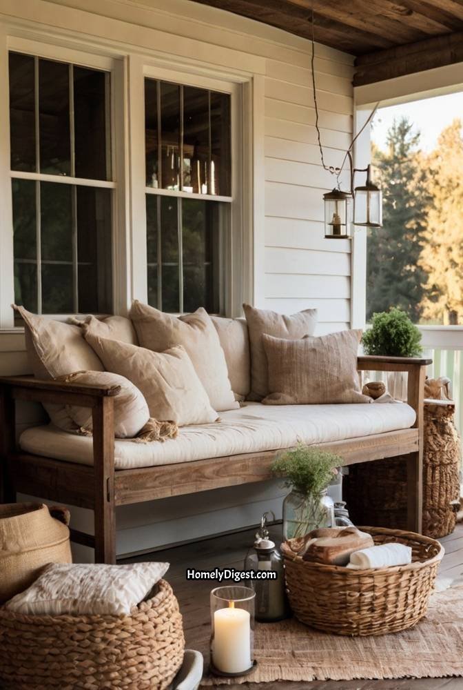 26. Farmhouse Porch with Rustic Benches and Hanging Mason Jars 1