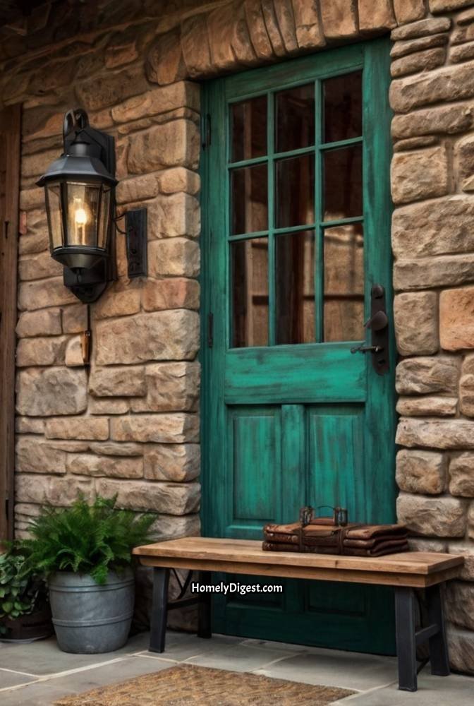 9. Dark Teal Green Door with Rustic Wood Accents 1
